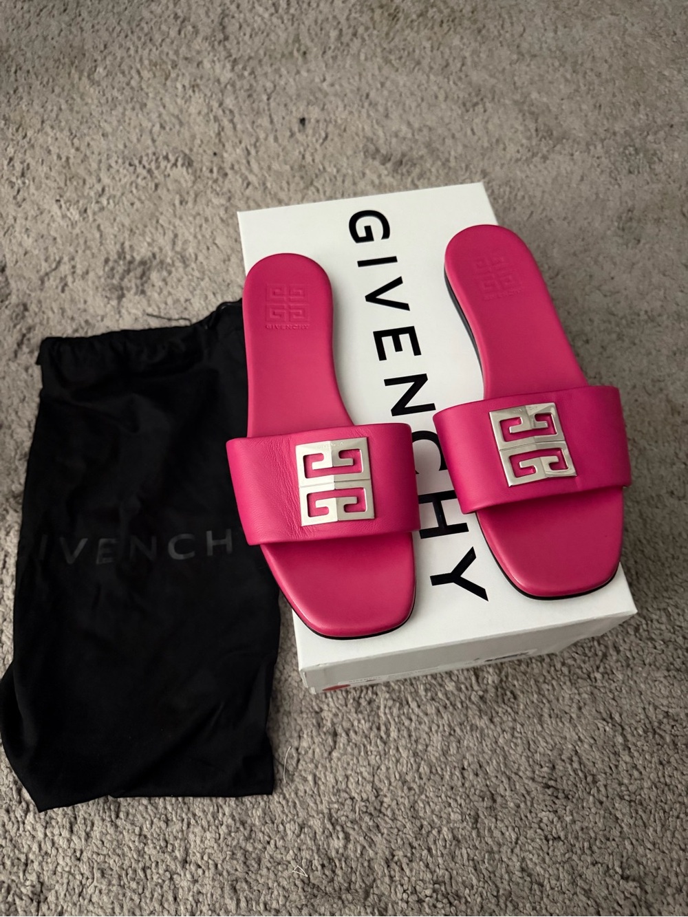 Brand New — Givenchy Hot Pink Leather Logo Slide Mules